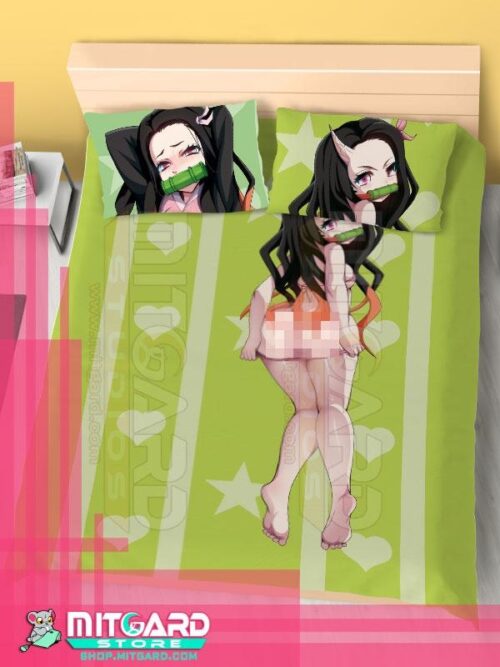 DEMON SLAYER: KIMETSU NO YAIBA Nezuko Kamado - Bed Sheet or Duvet Cover Anime videogame - Flat bed sheet + 2 set 70x45cm Pillow cover /